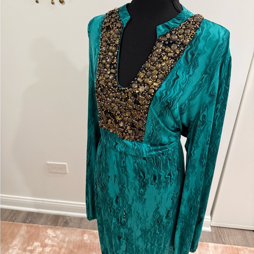 Silk Teal Long Sleeve Dress with Embellishments
